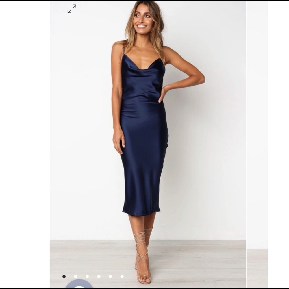 Navy blue satin dress with cowl neck. Worn once